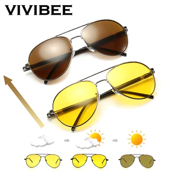 VIVIBEE Мъжки Фотохромичните Слънчеви Очила за Нощно Виждане С Поляризация В Стил Пилот, Алуминиеви Дамски Поляризирани Слънчеви Очила За Шофиране, Жълти