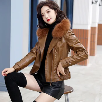 Жена кожа яка, с шал яка от естествен лисьего кожа, нова корейска версия на зимата 2020 г. с плюшено утолщением и приталенной засаждане, мода за намаляване на възраст