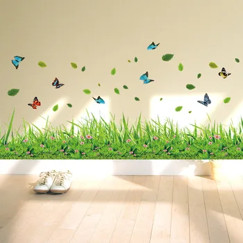Зелена Трева Цветни Пеперуди Цвете Первази Стикери За Стена Дневна Спалня Баня Винил Изкуството На Украса На Дома Стенопис