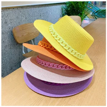 Сламена шапка цвят на Тестени изделия, солнцезащитная шапка с плосък покрив, корейската мода цветна верига с цилиндър, акрилна плажна шапка, солнцезащитная шапка цвят карамел